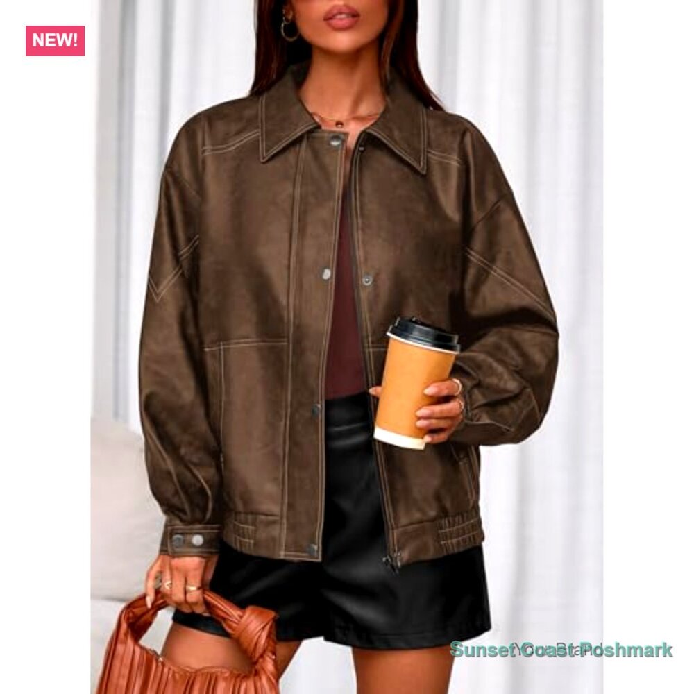 Faux Leather Jacket Women Bomber Motorcycle Zip Up Oversized Winter Coat - Picture 5 of 7